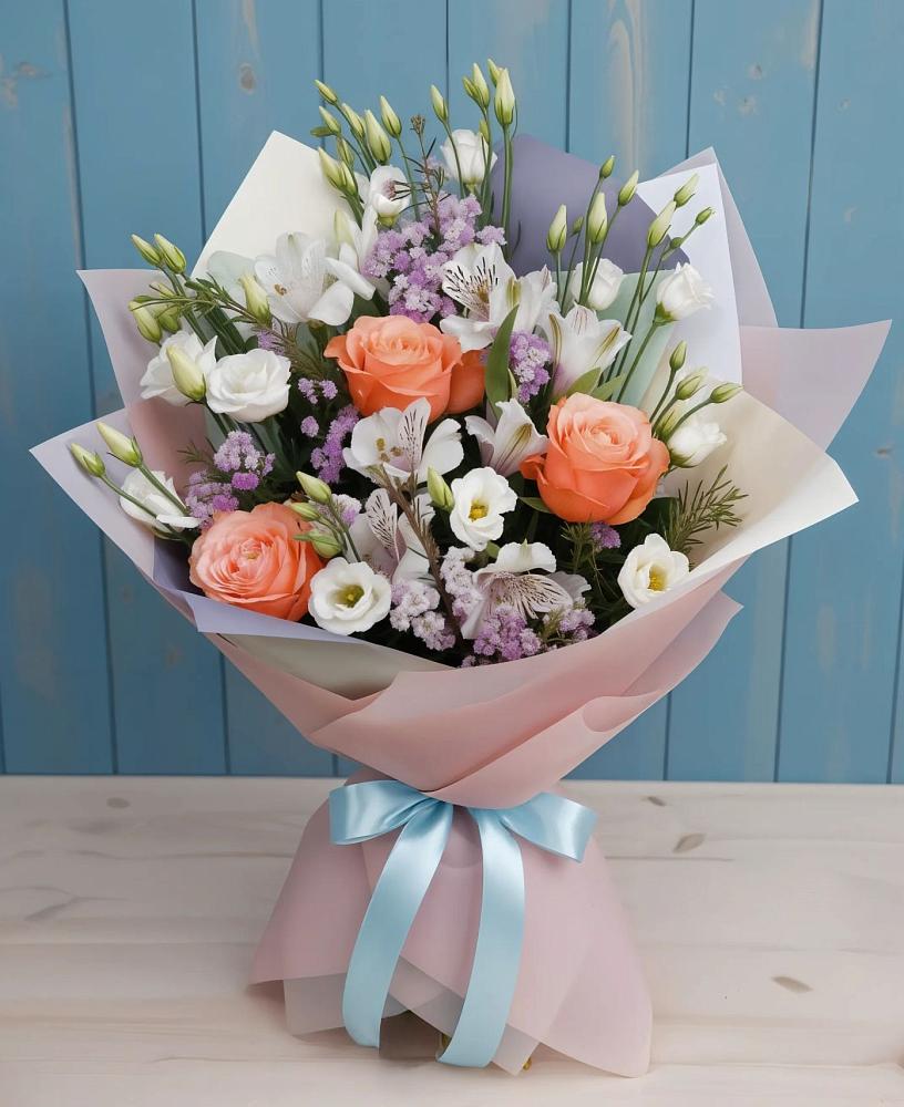 Букет цветов из: Лизиантусы, Розы, Альстромерии и Гипсофила в Милославском