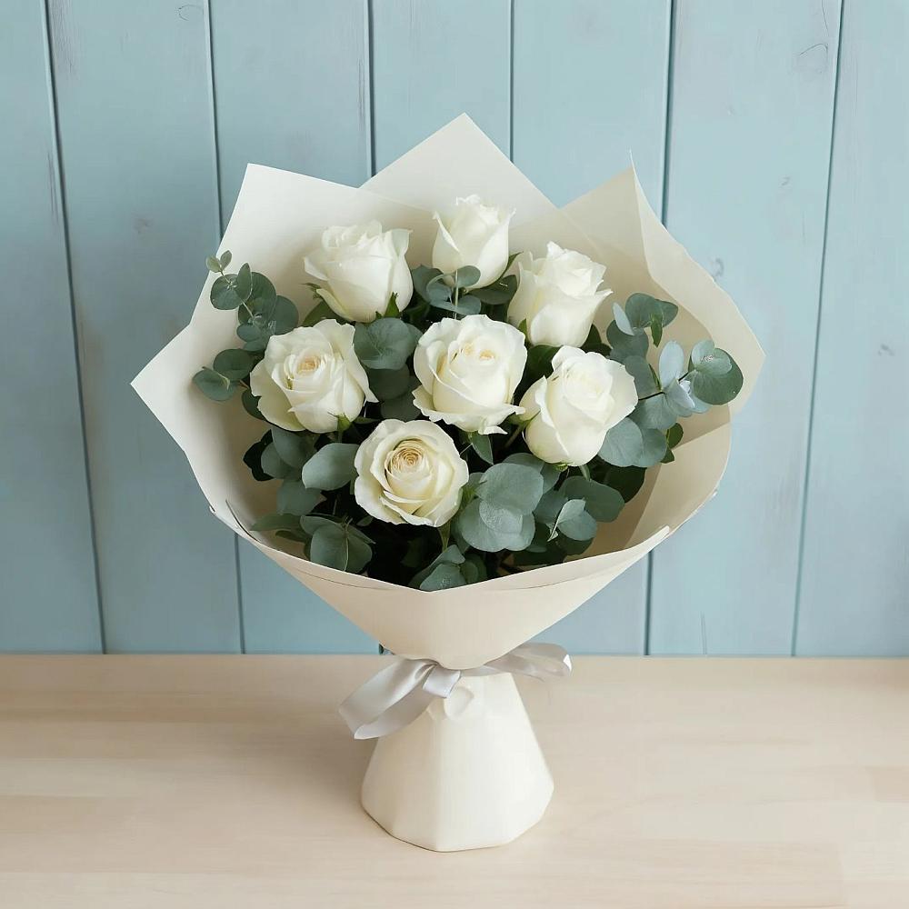 Букет Белые розы в Эвкалипте в Милославском