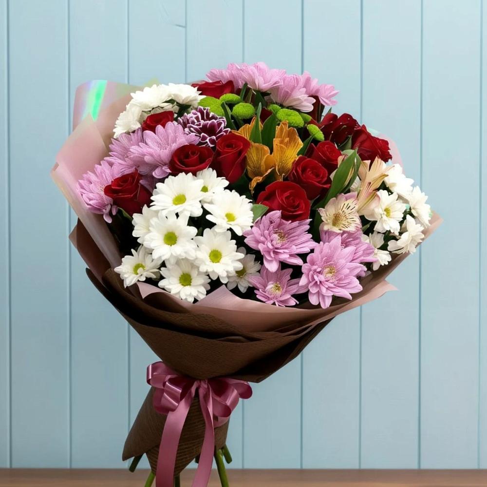 Букет цветов из: Розы, Хризантемы и Альстромерии в Милославском