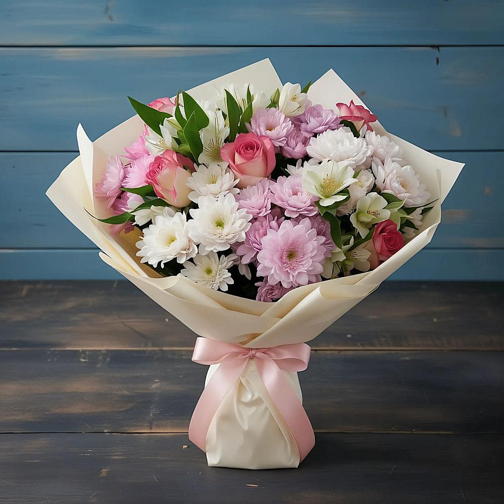 Букет цветов из: Хризантемы, Альстромерии и Розы в Милославском